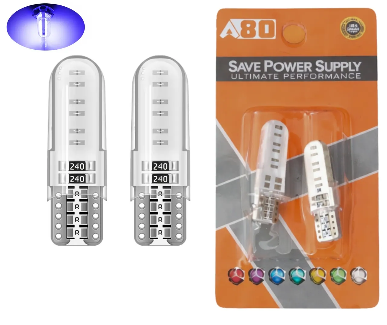 Комплект 2 бр. LED крушки T10 W5W, синя светлина, CANBUS, Silica LED, 12V - блистер