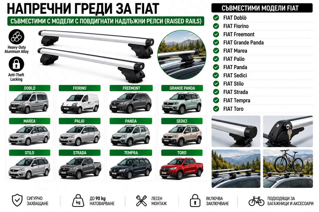 Aлуминиеви греди за багажник с ключалки за Fiat Doblò, Fiorino, Freemont, Panda, Sedici, Stilo и Toro с повдигнати надлъжни релси (Raised Rails) 120 см, до 90 кг, Сребристи