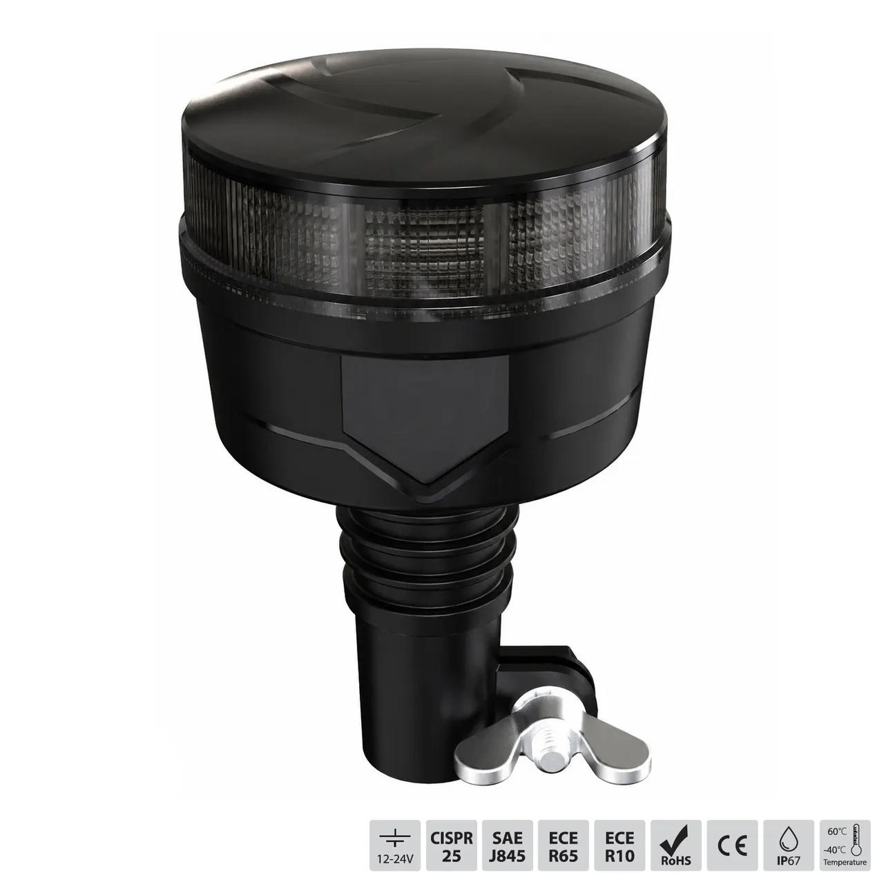 LED оранжева аварийна лампа с опушен корпус, 36 LED, 19W, 12–24V, 7 режима, E-Mark E9, ECE R65/R10, IP67, монтаж на стойка