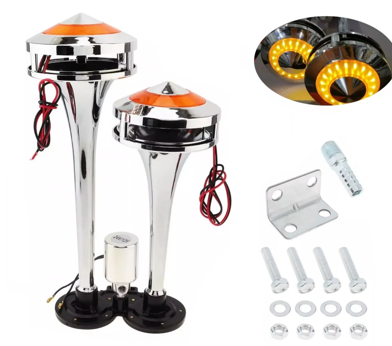 Двойна Тромба клаксон с жълта LED светлина, 300 dB – 12V / 24V